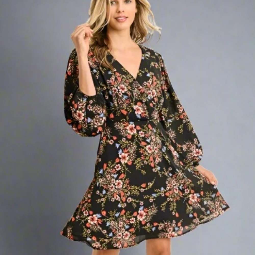 Gilli Long Sleeve Black Floral Surplice Dress.